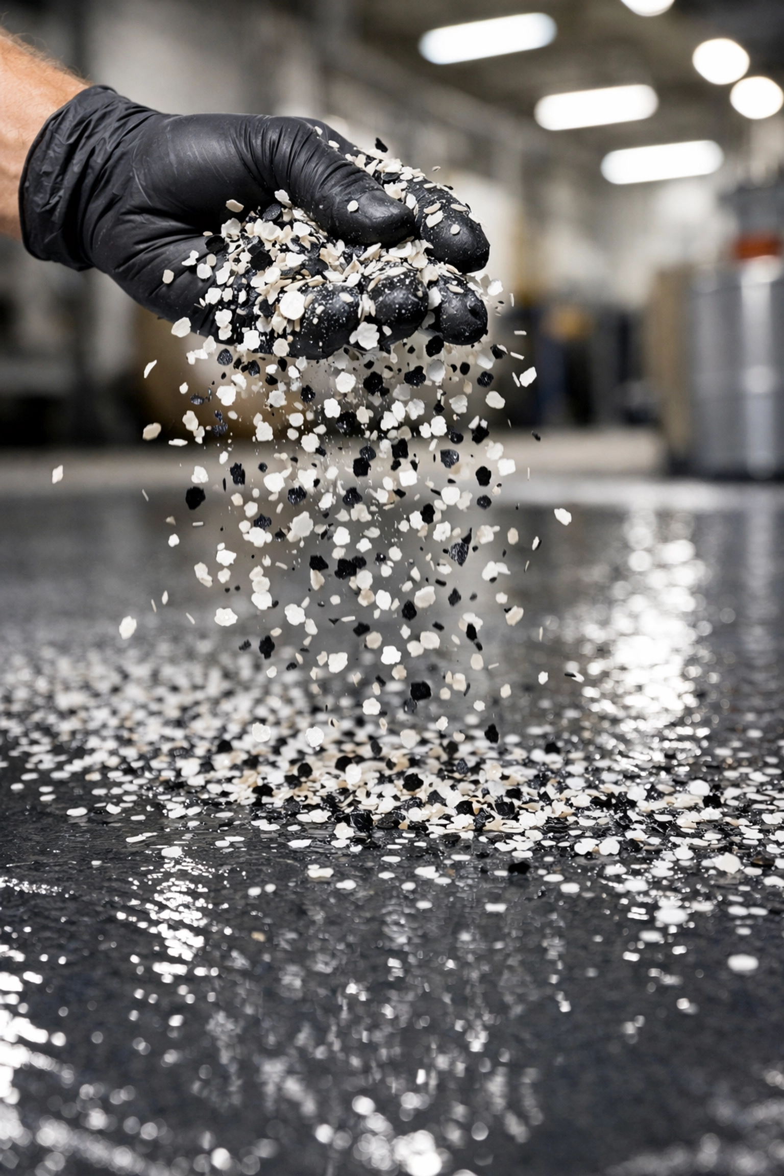 Professional installation showing the full broadcast of decorative vinyl flakes onto a wet base coat.