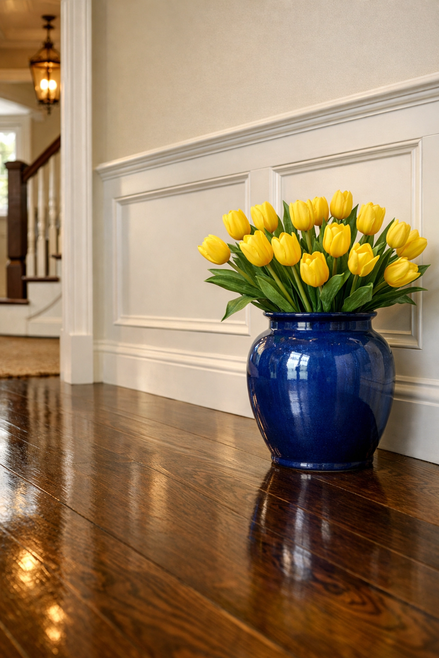 Gleaming wood floors in a Marblehead entryway following professional luxury residential cleaning.