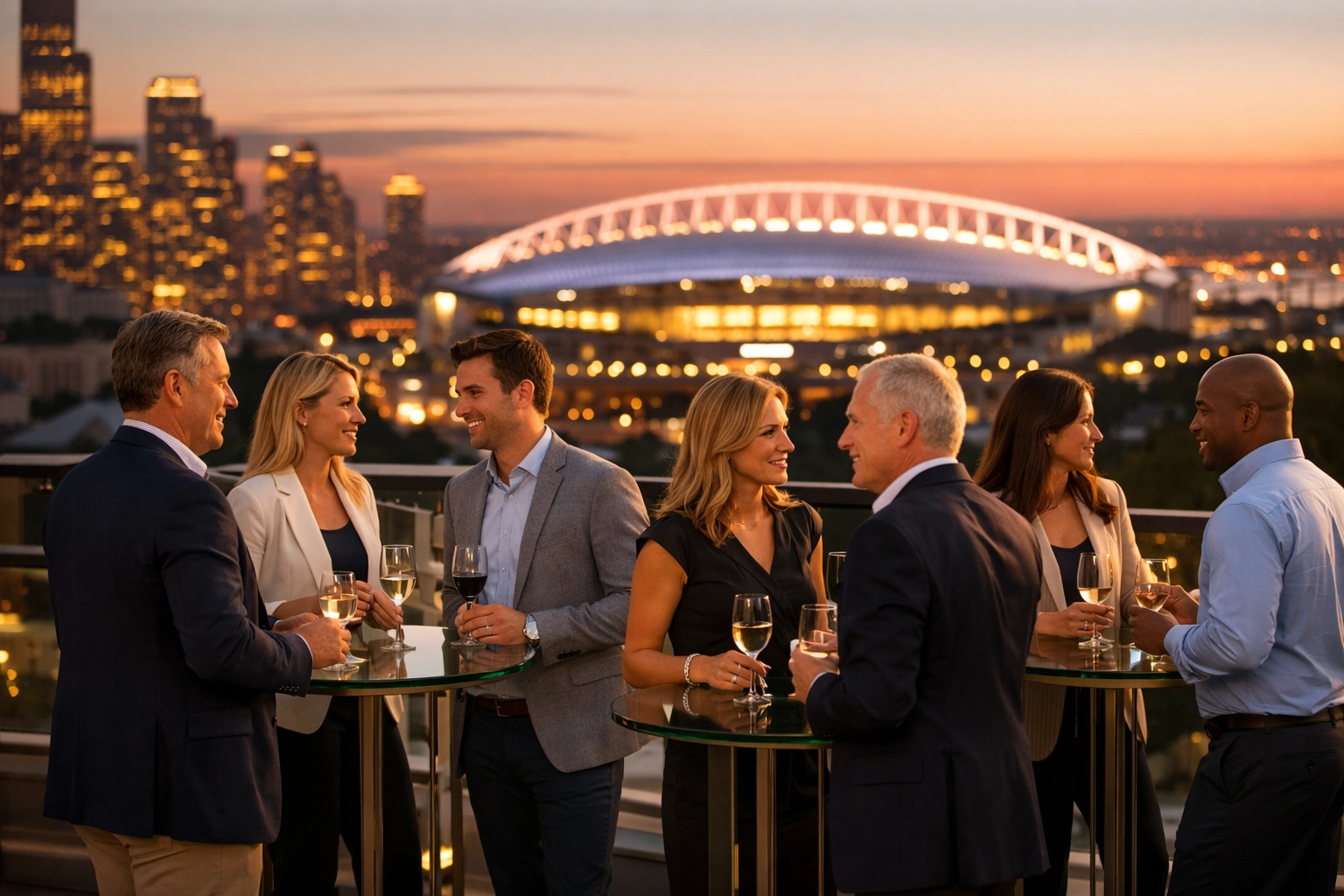 Corporate executives networking at a high-end rooftop event near a sports stadium.