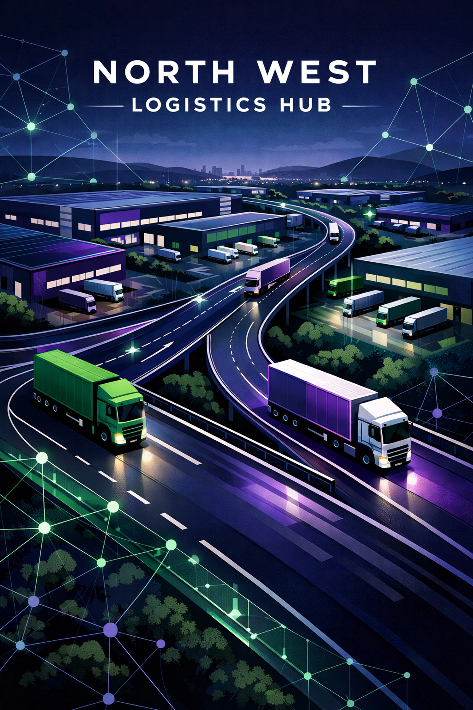 Modern logistics hub in the North West showcasing HGV driver jobs in Manchester and Liverpool.