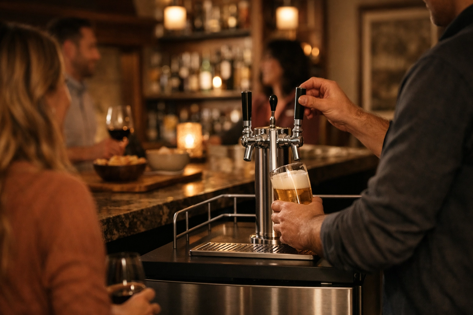 Evening entertaining scene with friends as a dual-tap kegerator pours the perfect pint