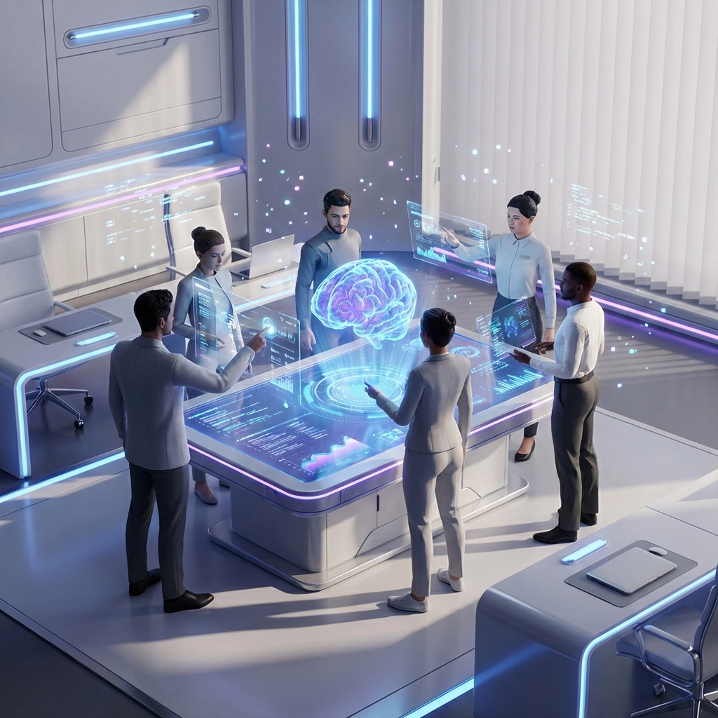 Mitarbeitende eines KMU interagieren gemeinsam in einem modernen Konferenzraum mit einer KI-Anwendung, Symbolbild für AI Literacy Mitarbeitende KMU.