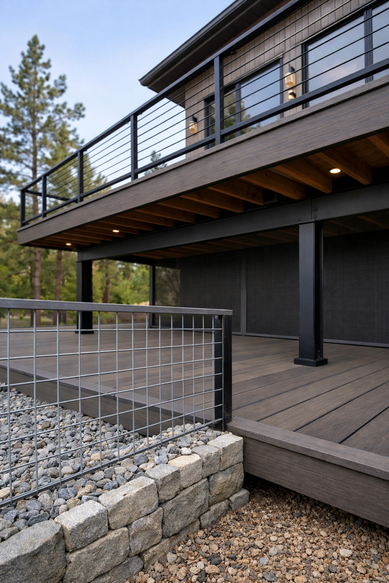 Fire-safe composite deck with metal railings and non-combustible fence in Tahoe