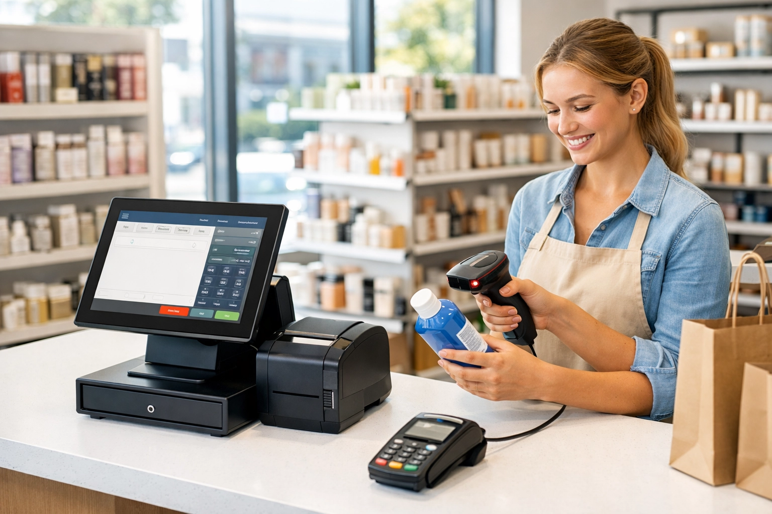 Modern retail EPOS system with barcode scanner in shop