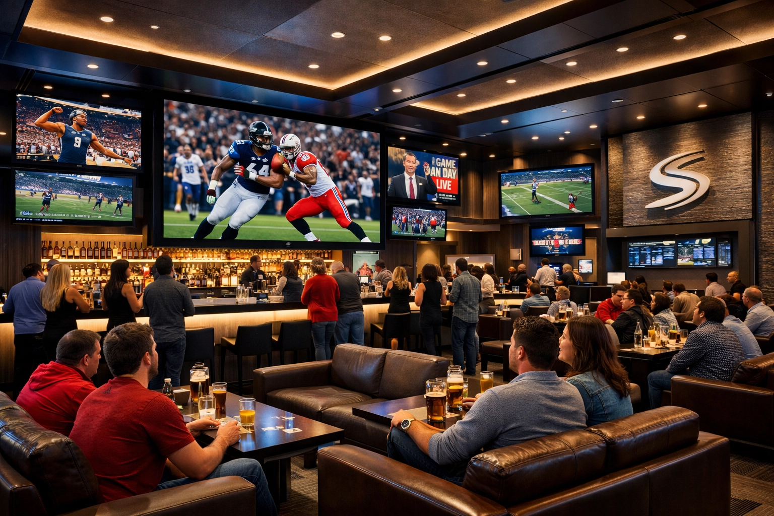 Modern sports venue with digital signage network and fans enjoying premium Super Bowl watch party experience