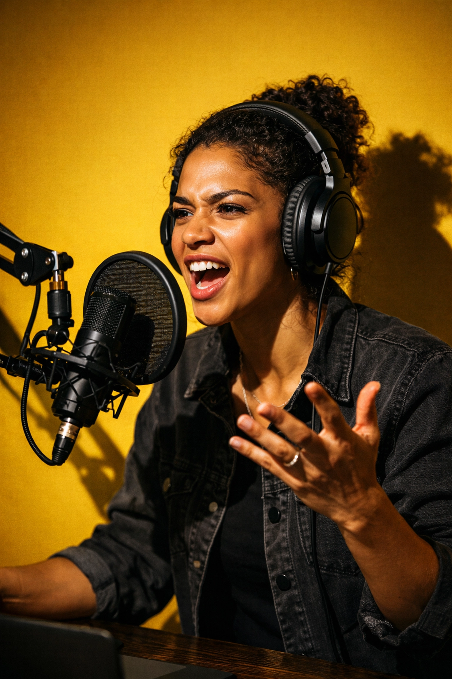 Podcaster recording episode with studio microphone and headphones