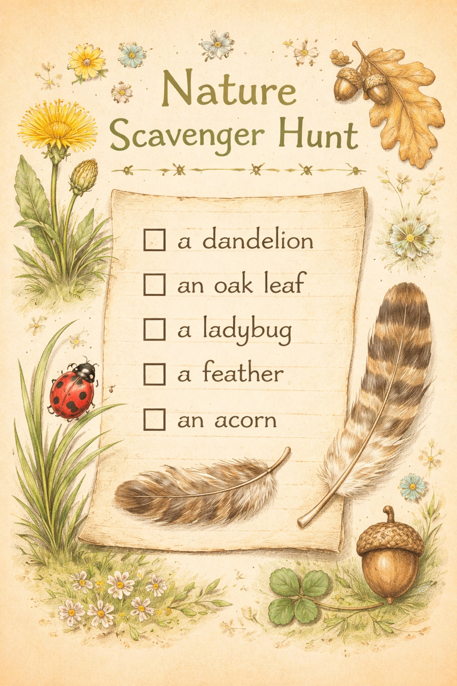 Hand-drawn nature scavenger hunt checklist with illustrations of items kids can find in the wild