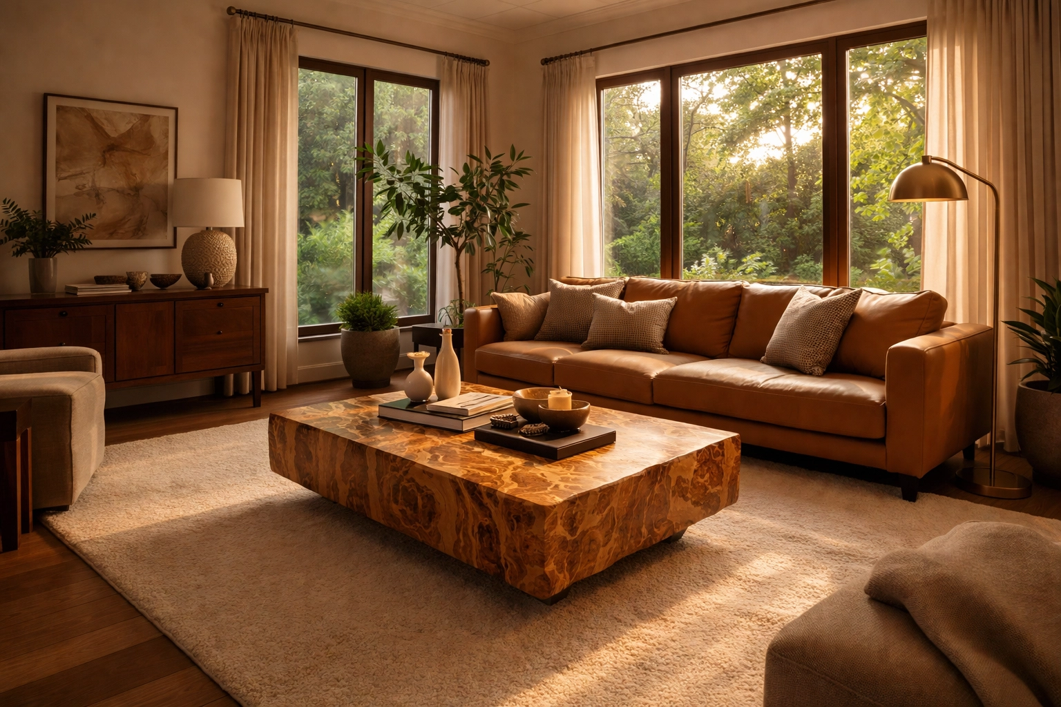 Luxury living room featuring statement burl wood coffee table with warm neutral decor