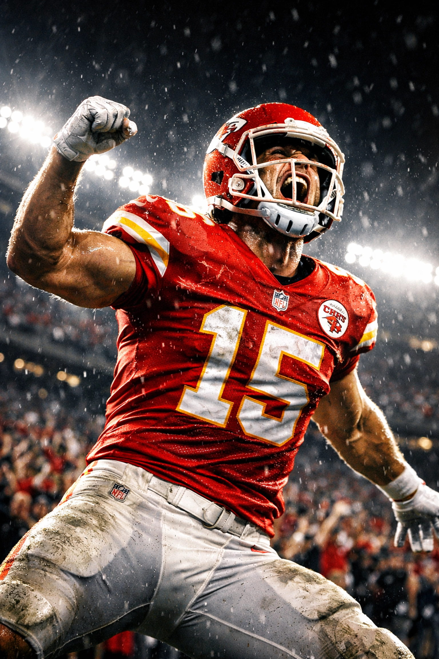 Football player celebrating a play in a packed stadium to demonstrate NIL performance and brand value.