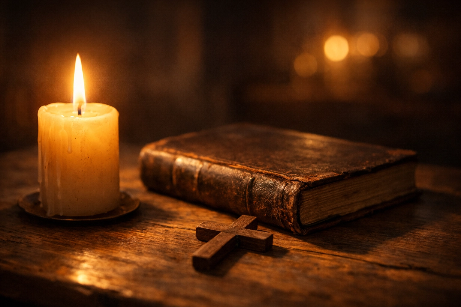 A glowing candle next to a leather Bible and wooden cross, offering spiritual comfort and rest for tired hearts.