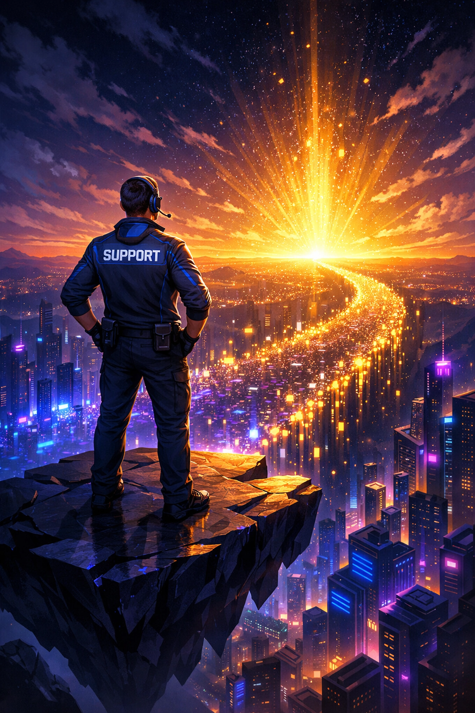 Support professional looking at a digital bridge representing career mastery and the future of SaaS support.