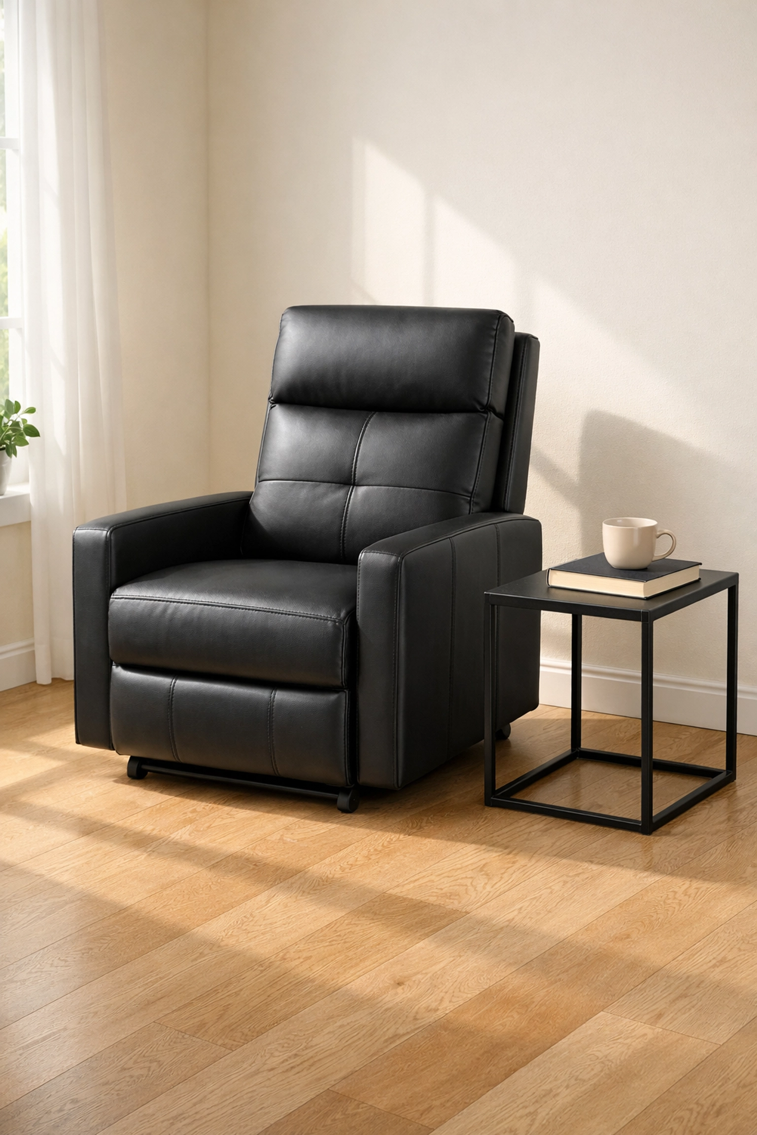 Modern black leather recliner chair in a bright living room, perfect for space-saving home theater design.