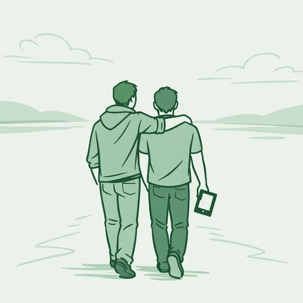 An MM couple walking together with an e-reader, symbolizing a future filled with gay literature.