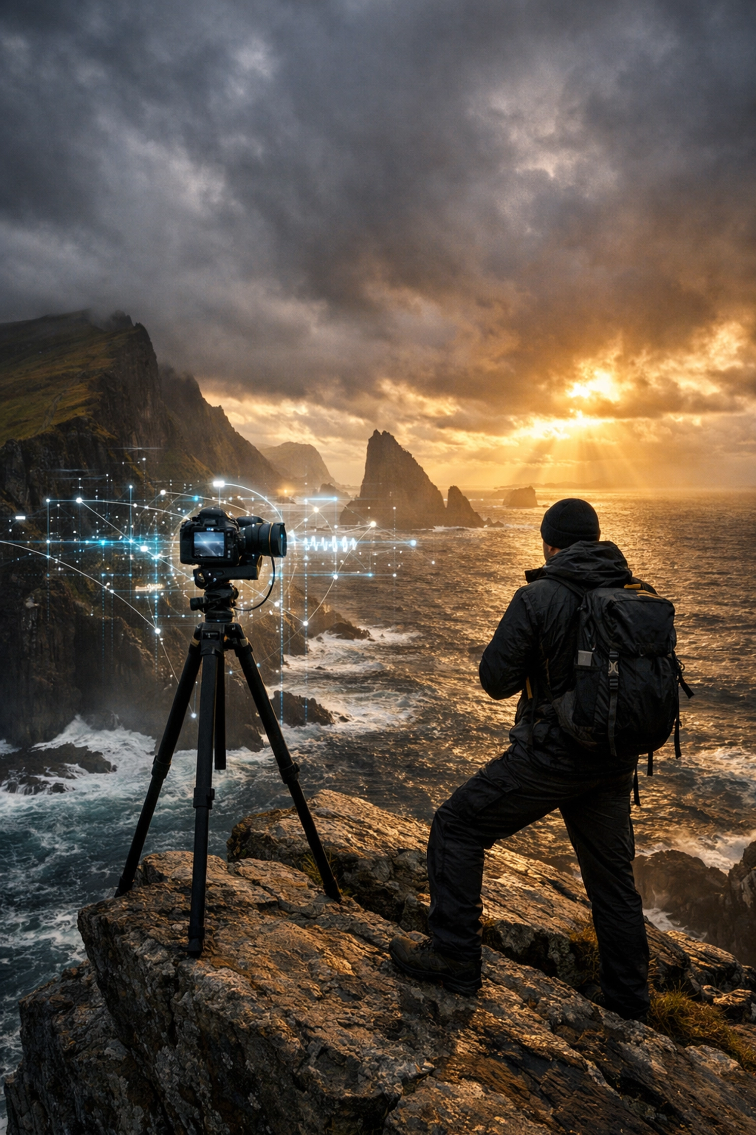 Landscape photographer using AI photo editing tools to blend creative vision with digital technology.