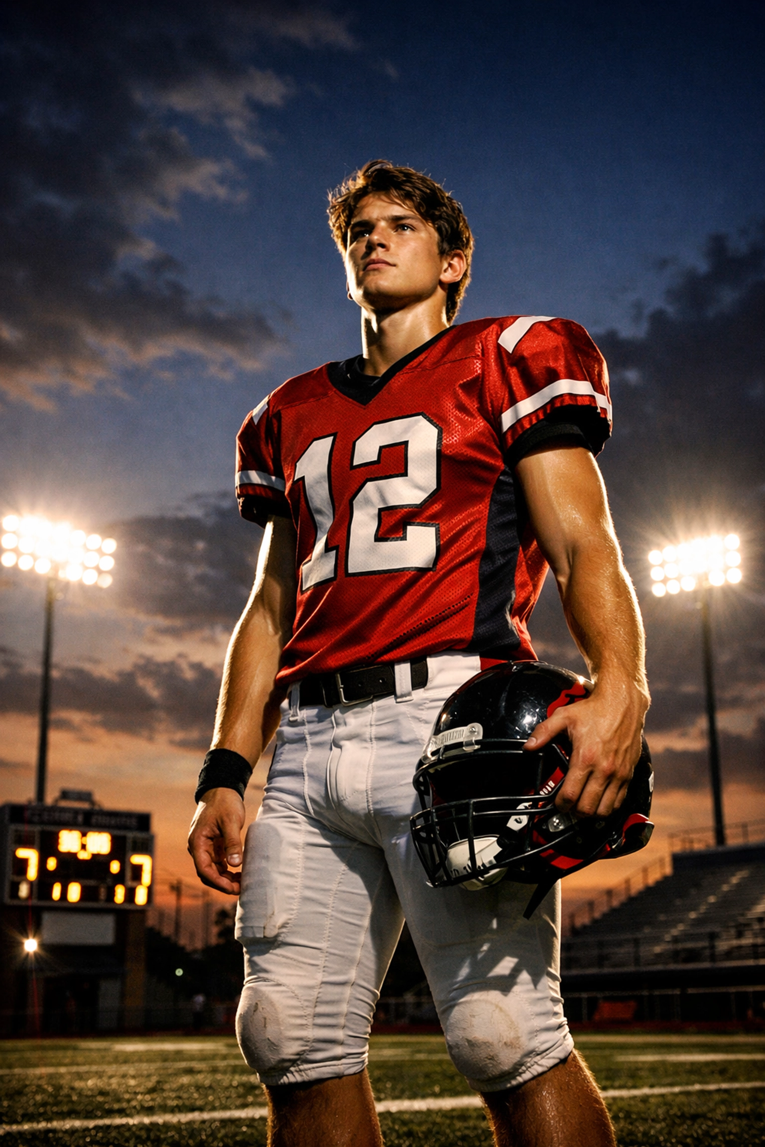 High school athlete building personal brand at stadium under Friday night lights