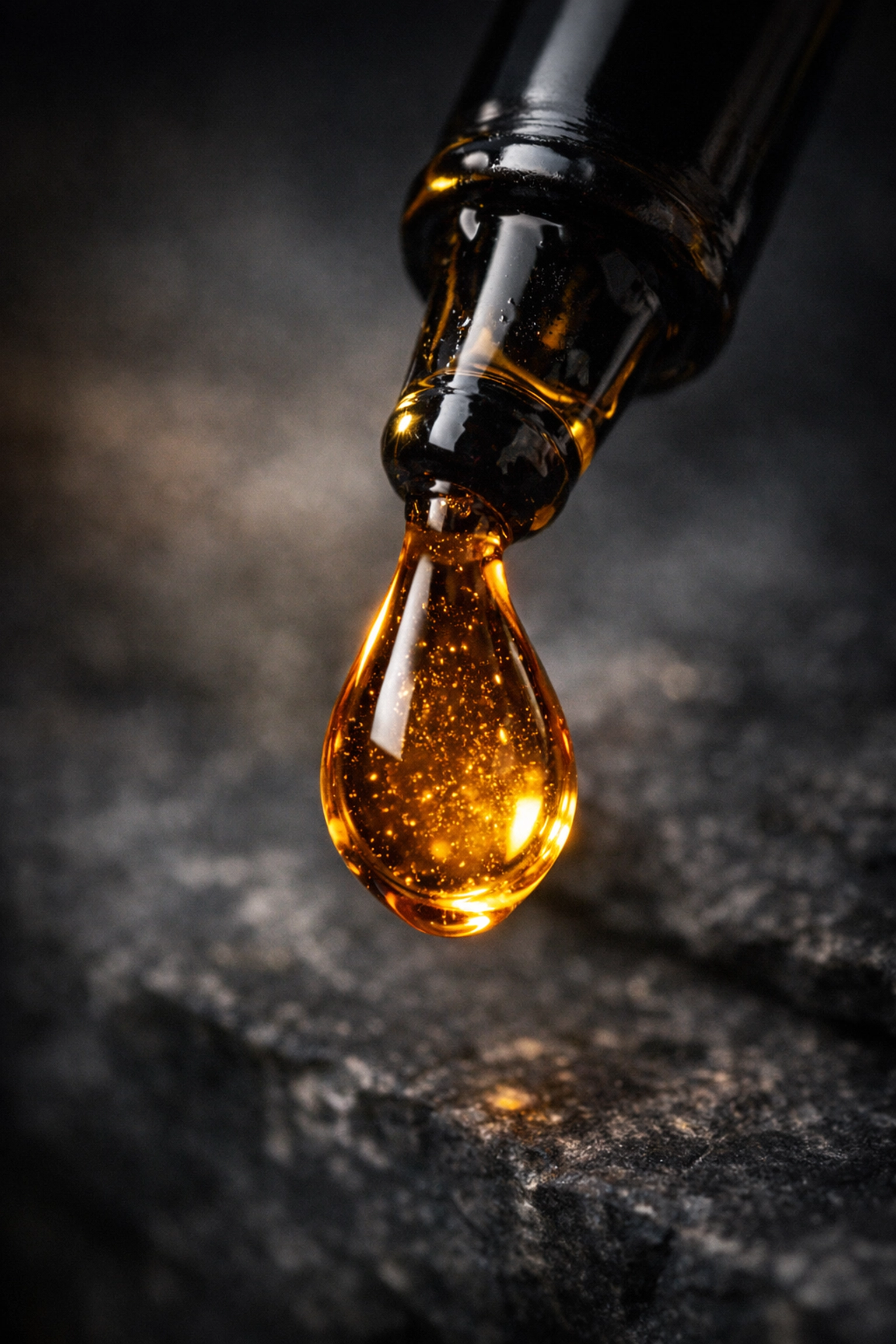 Premium golden-amber beard oil drop suspended from an apothecary dropper on a moody dark stone background.