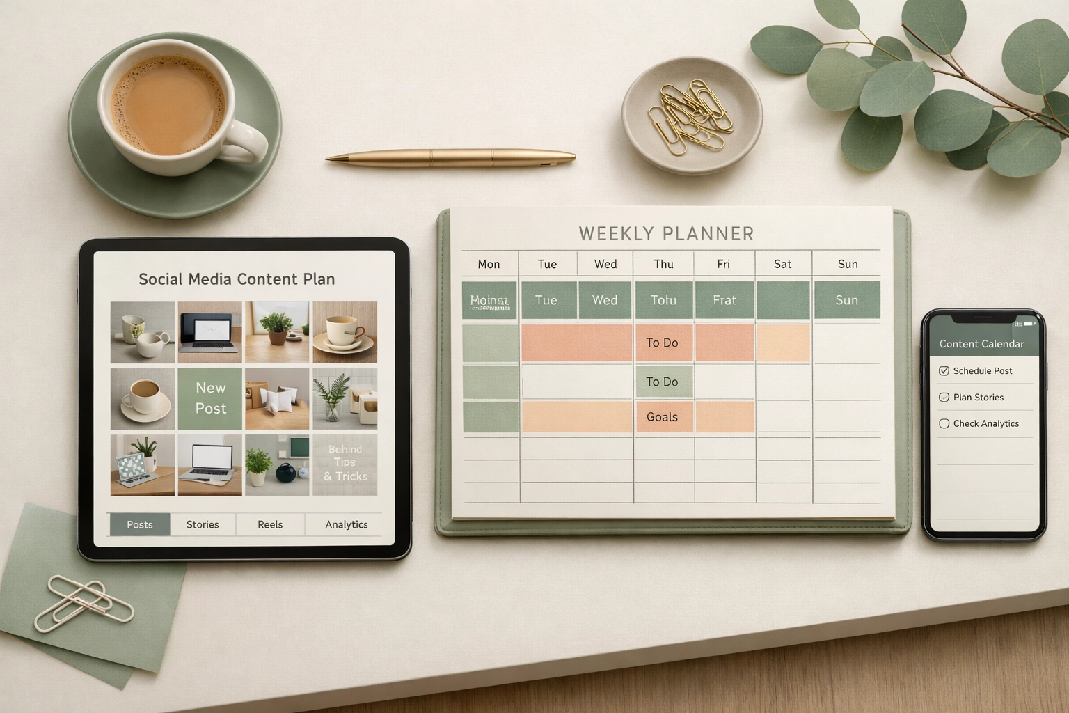 Content planning workspace with social media calendar and marketing strategy planner for small business