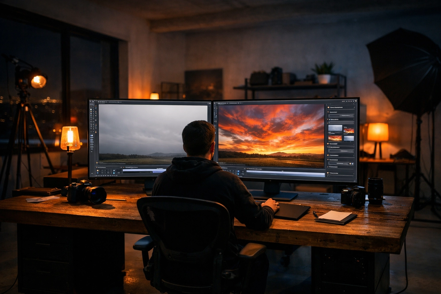 A photographer in a studio using AI software to edit skies, a key topic in recent AI photography news.