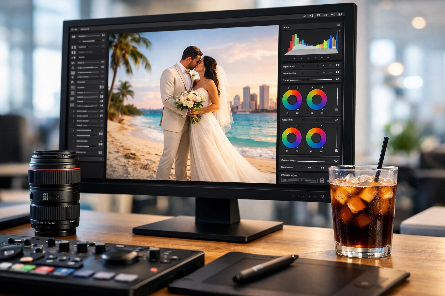 Photo editing in a modern Miami studio focusing on high-quality wedding photography deliverables.