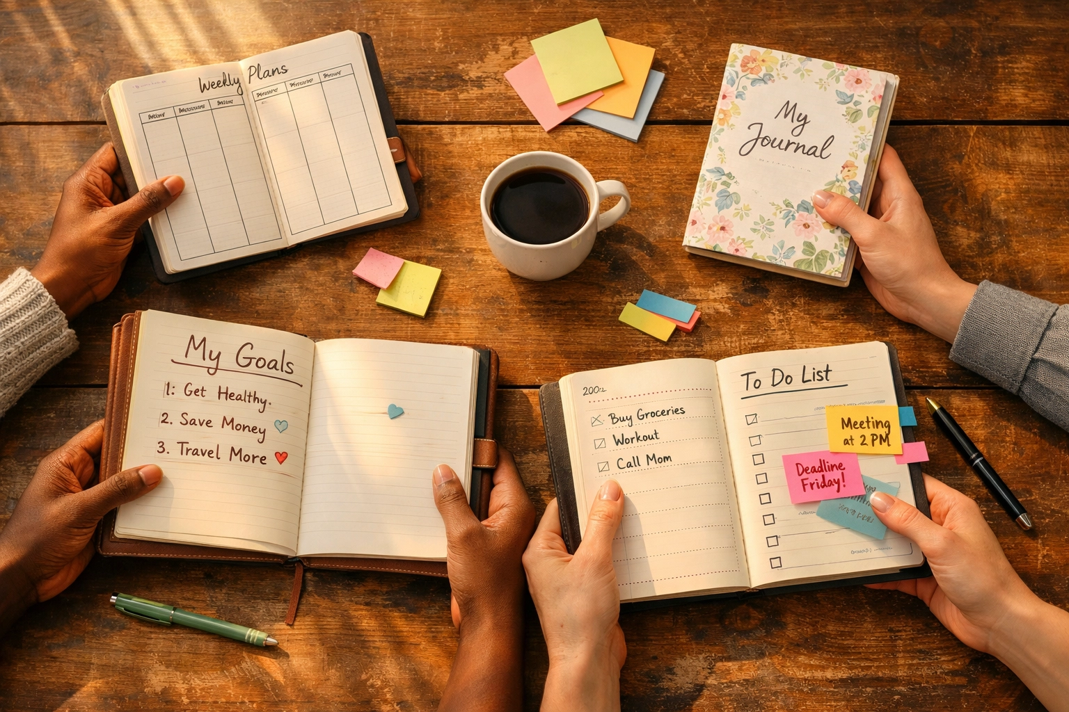 Planners and journals with handwritten goals spread on table for personal growth planning