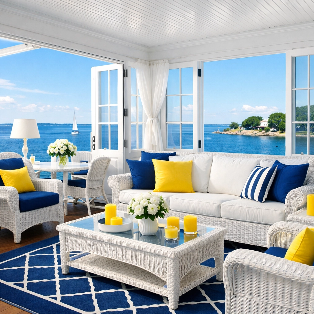 Pristine sunroom overlooking the Hingham coast after professional weekly house cleaning by The Cleaning Ninjas.