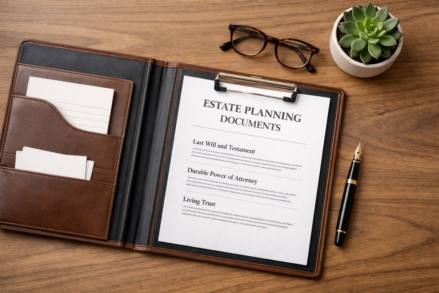 Estate planning documents and consultation materials on attorney desk