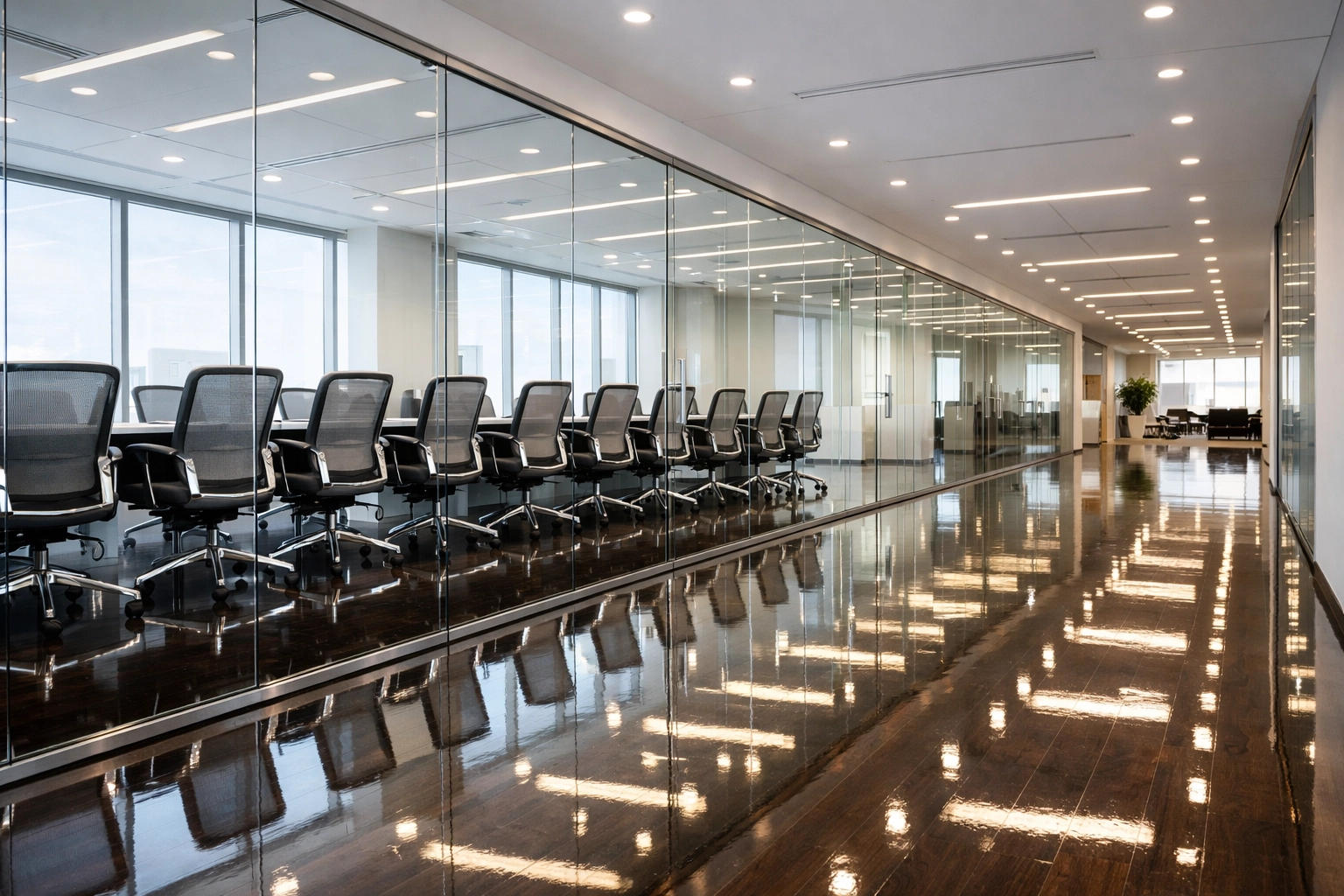 Spotless corporate conference rooms with clean glass walls and polished hardwood floors.