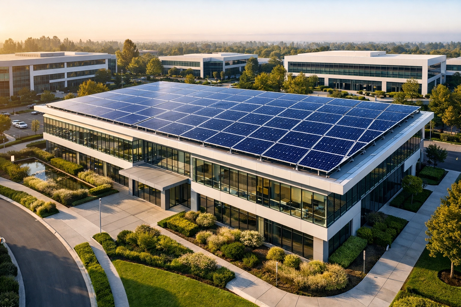 Modern office building with commercial solar power panels installed on the roof.