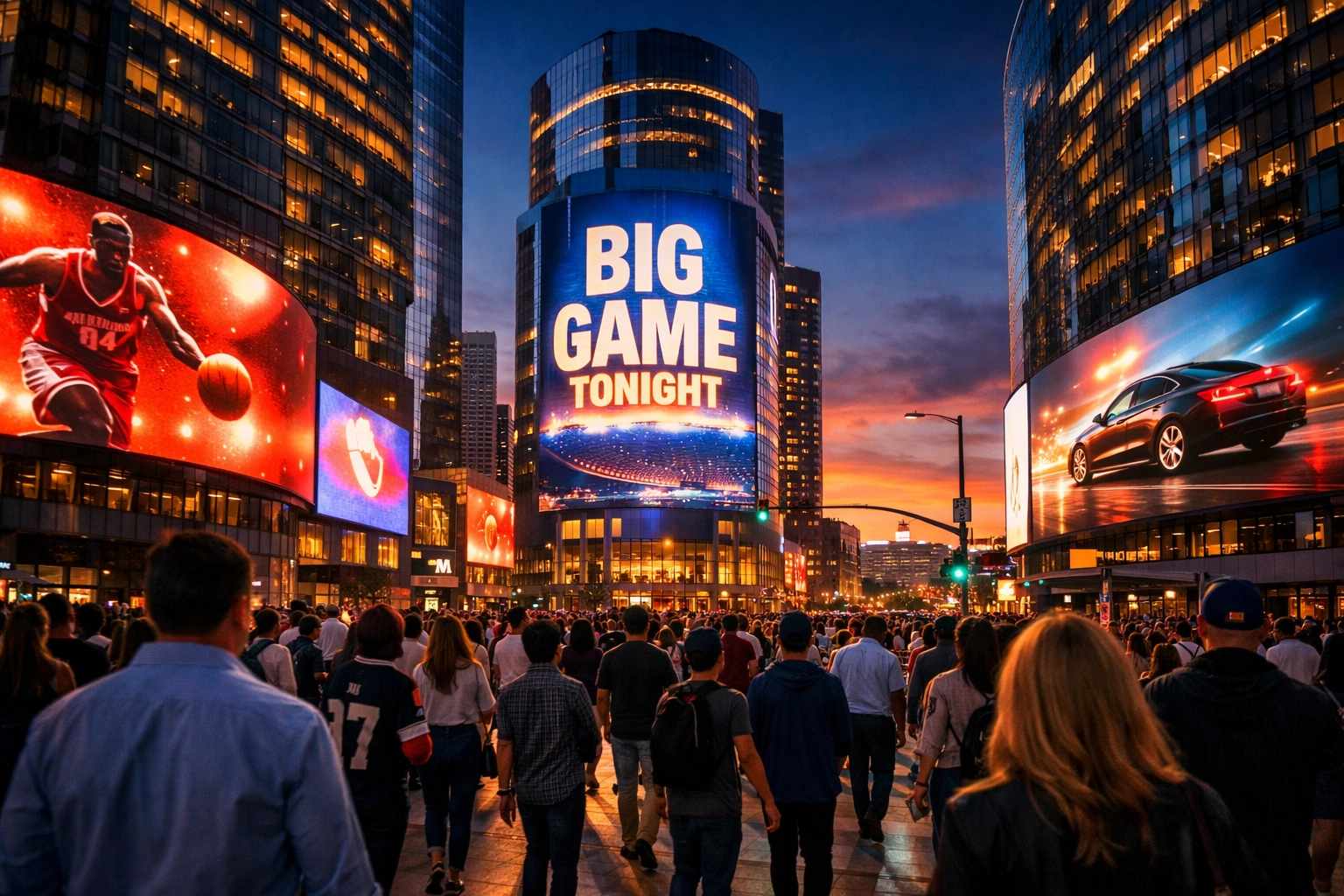 Large digital billboards on urban skyscrapers showcasing OOH advertising mastery in a city host environment.