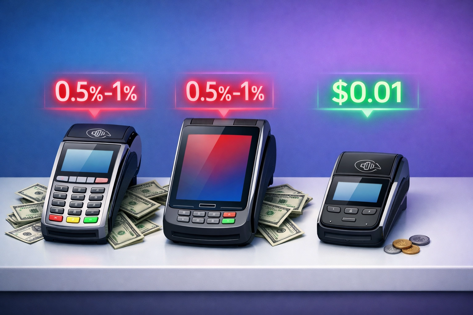 Payment processor fee comparison showing NOWPayments and CoinPayments at 0.5-1% vs Larecoin gas-only fees