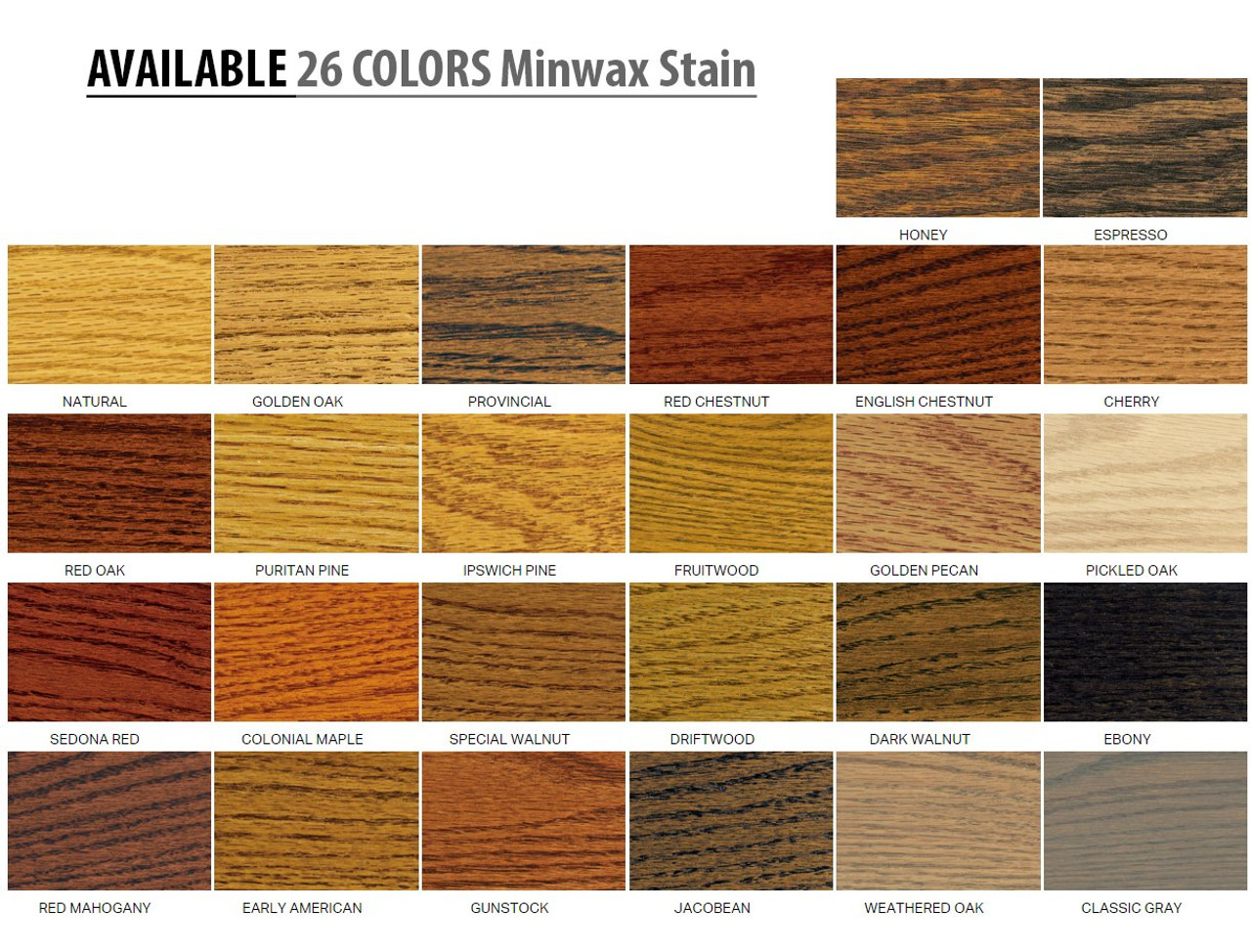 Minwax Stain color chart showing 26 available options