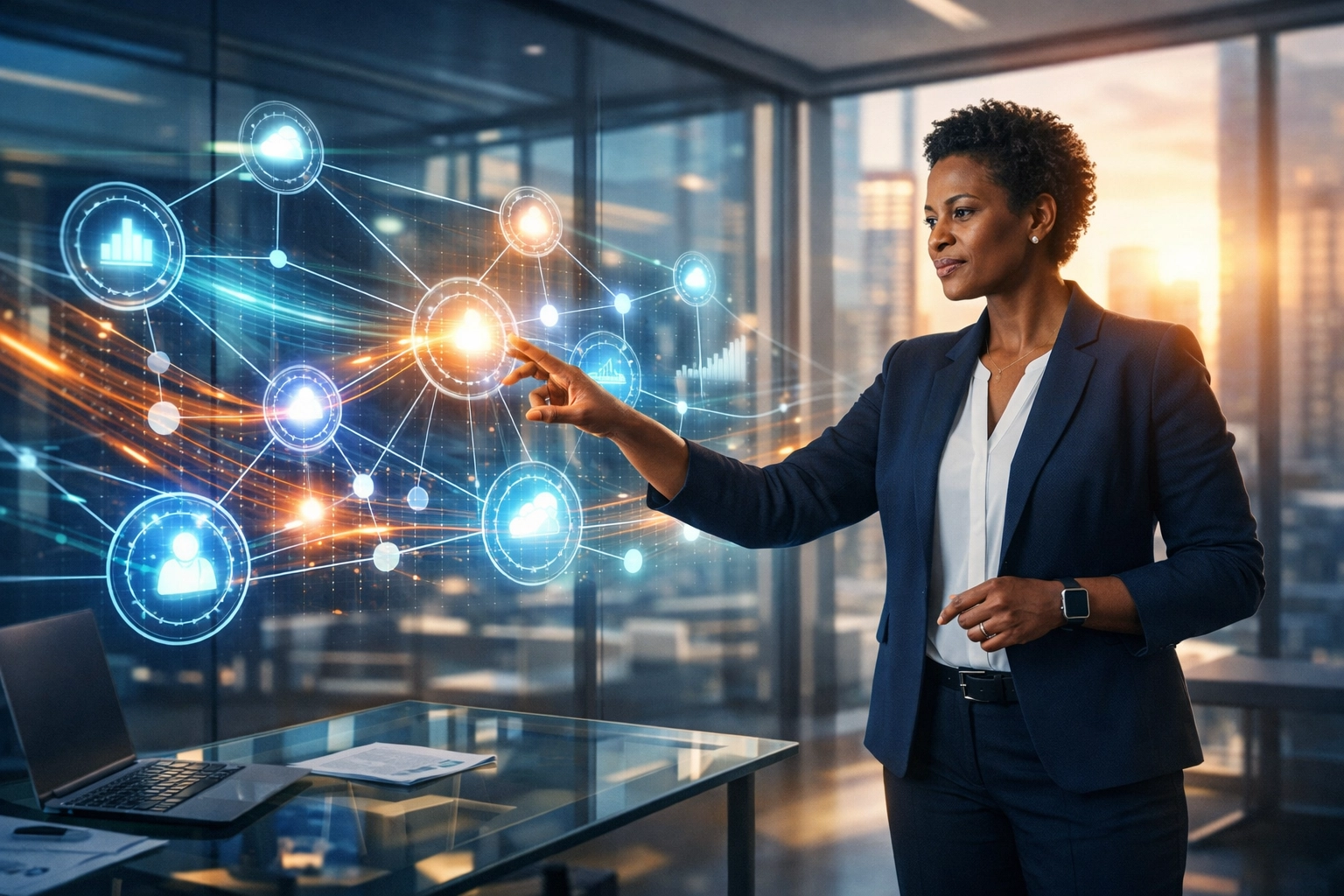 Modern manager using a visual holographic interface to oversee automated AI business processes and workflows.