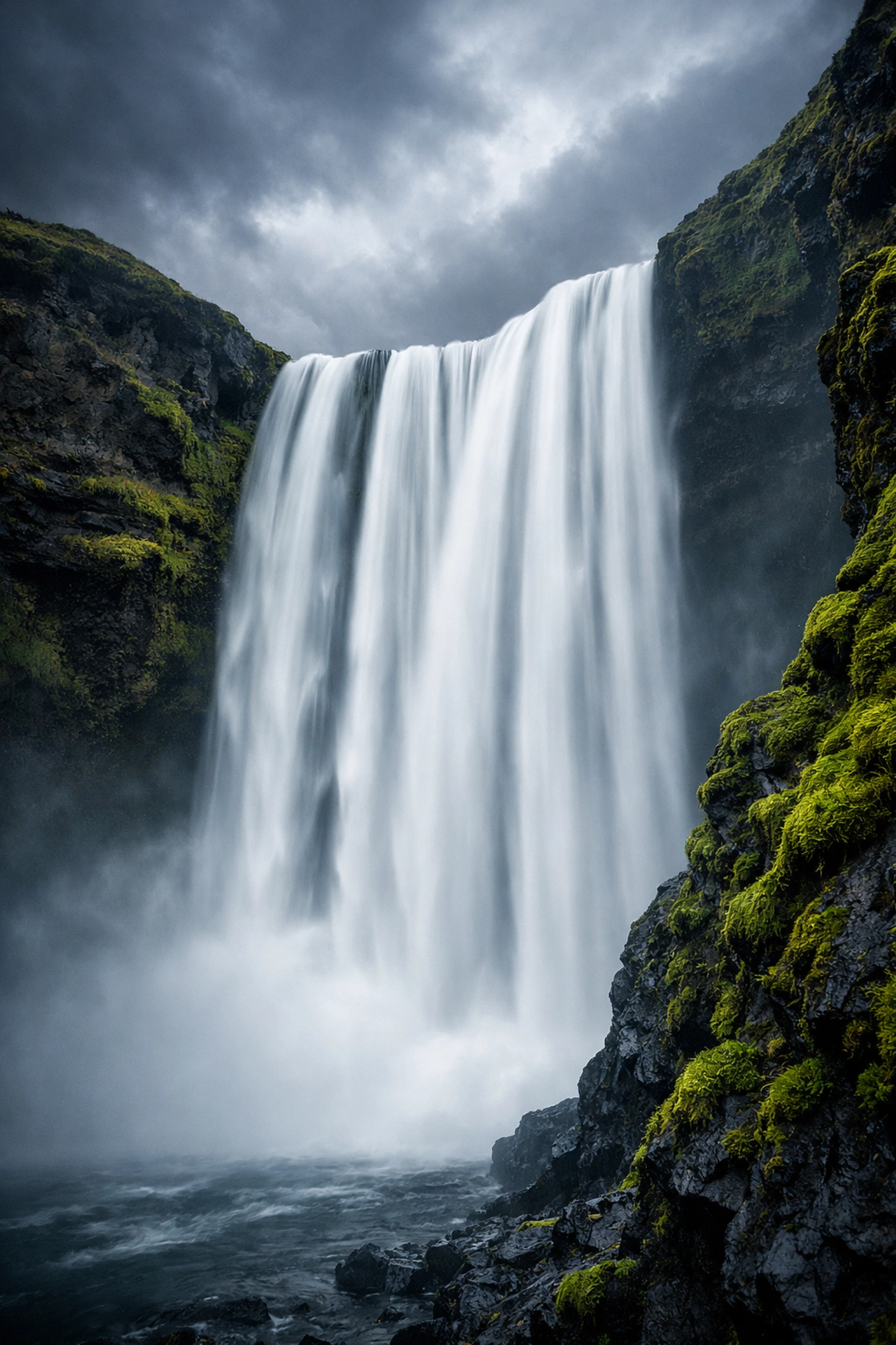 Long exposure of Skógafoss waterfall in Iceland, a top photography location for capturing silky water movement.