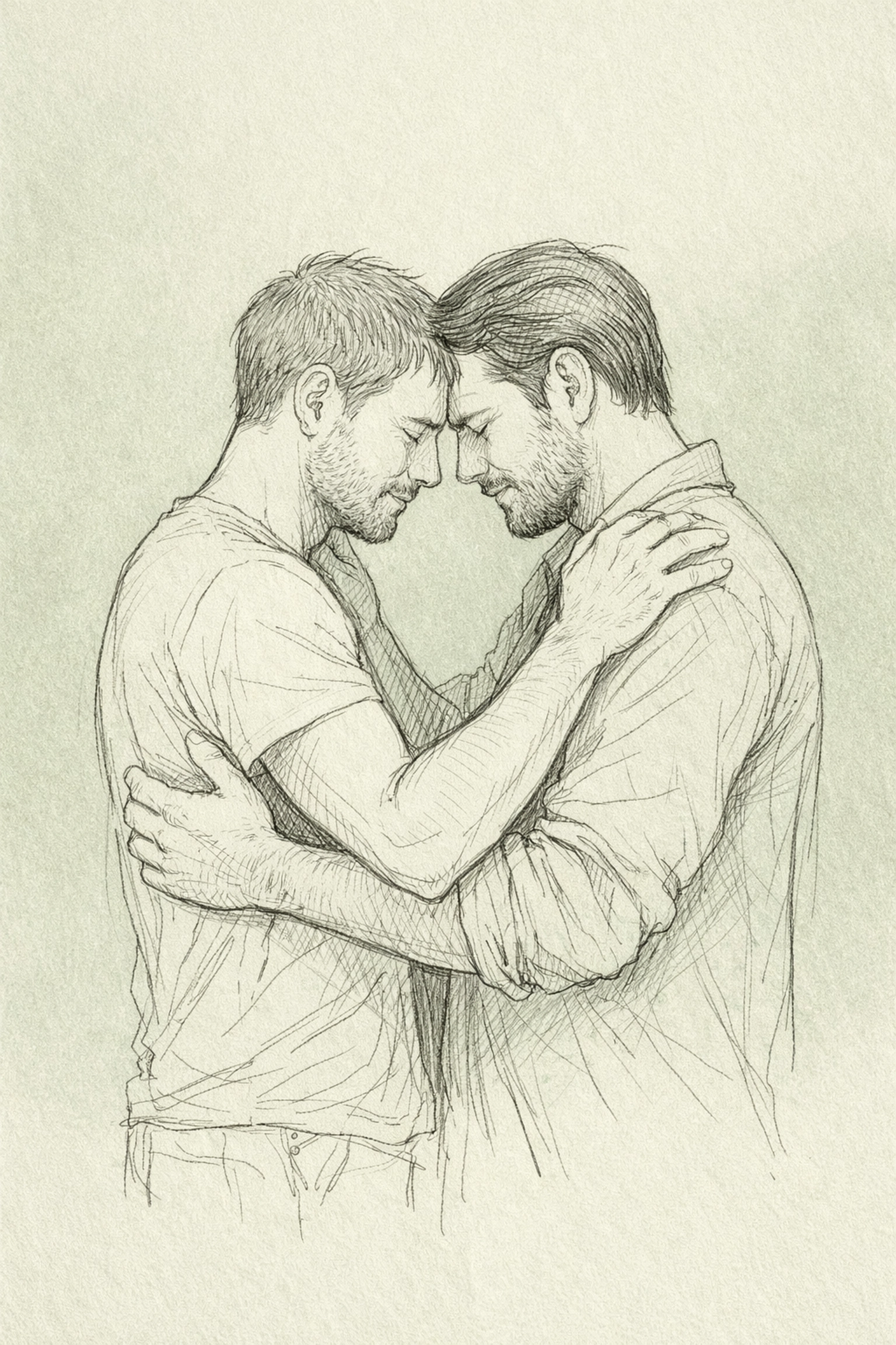 A deep, emotive embrace between two men, representing the peace of living an authentic gay love story.