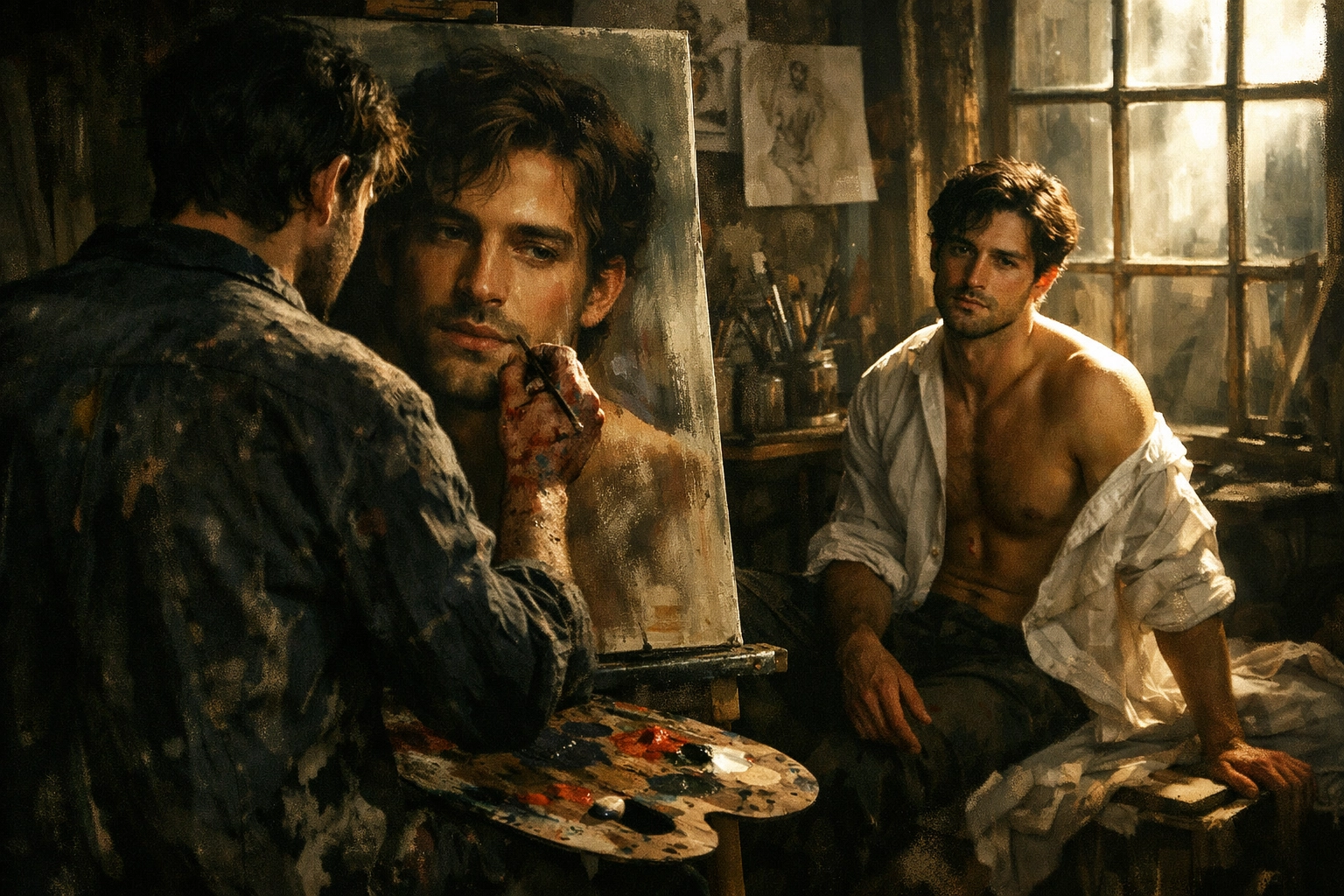 An artist in a sunlit studio painting a realistic portrait of a male muse, capturing intense MM romance tension.