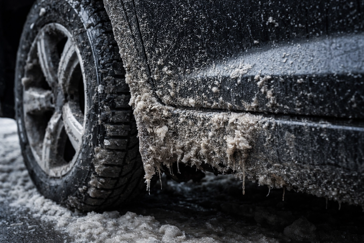 Close-up of car wheel arch with dried road salt and mud, illustrating how winter grit accelerates rust