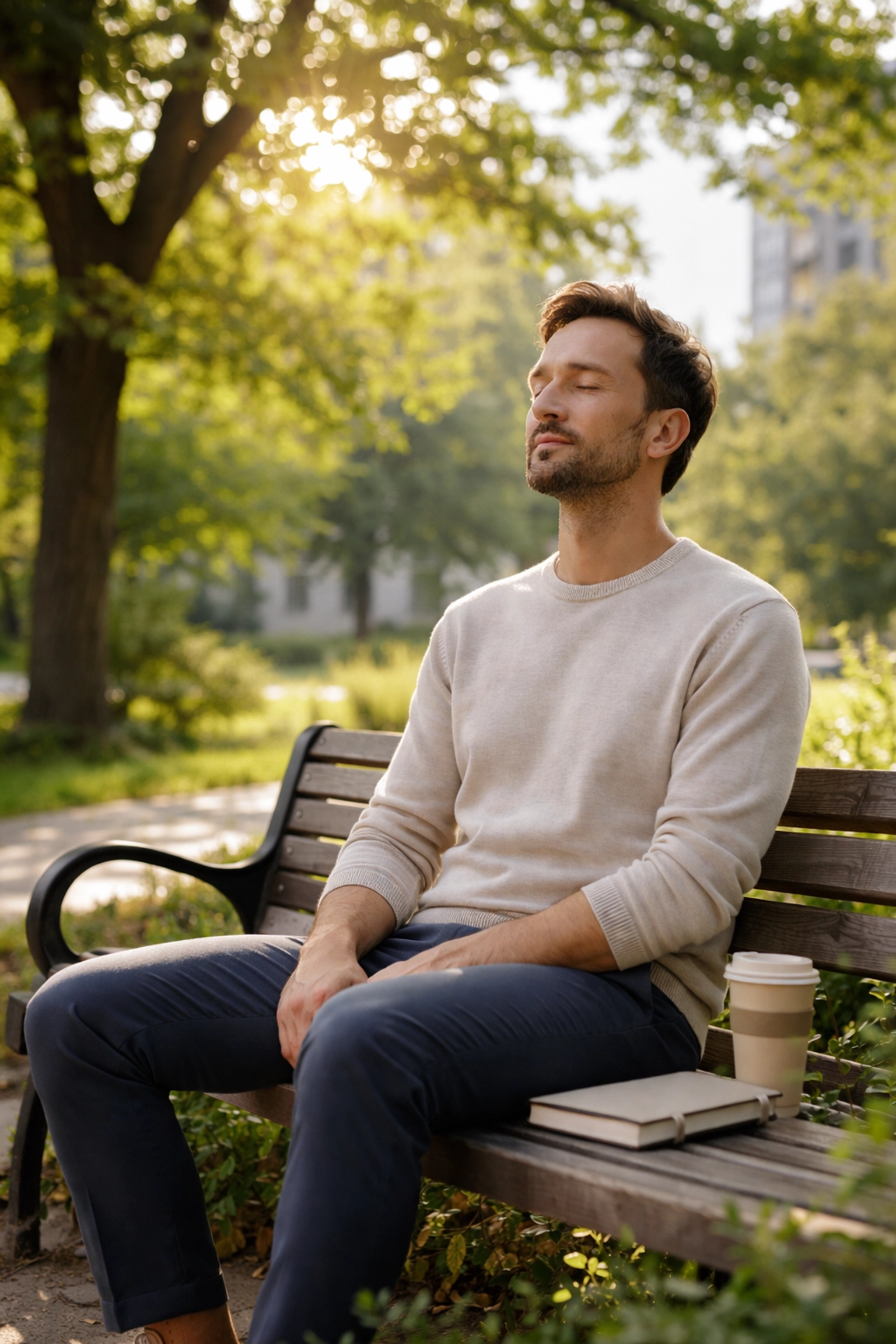 A business founder takes a peaceful break on a park bench, highlighting recovery and mindful stress management.