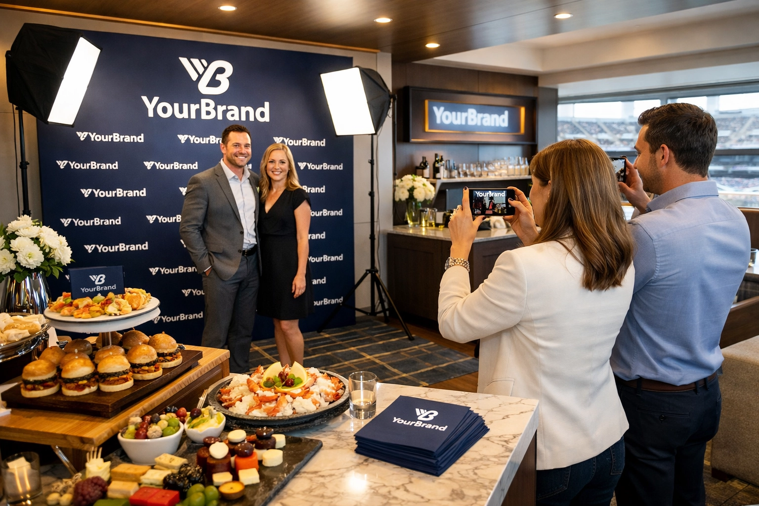 Corporate branding display in Super Bowl luxury suite showcasing brand visibility opportunities
