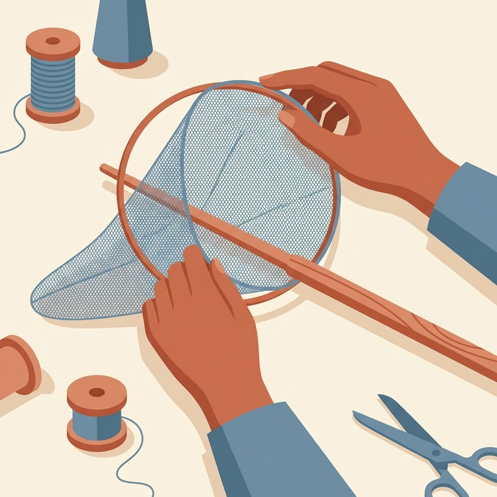 Hands assembling a DIY butterfly net with simple materials, showing step-by-step insect safari project for kids