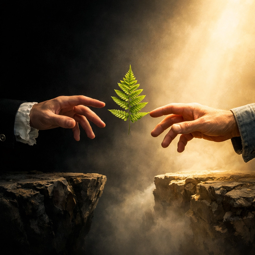 Hands reaching across divide representing journey from repression to freedom in Maurice novel