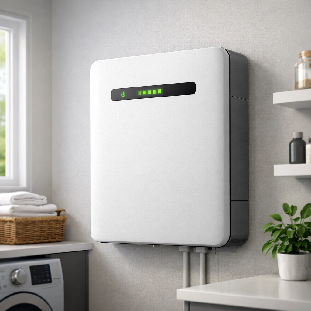 Sleek modern home battery storage system installed in a UK utility room to maximize solar energy savings.