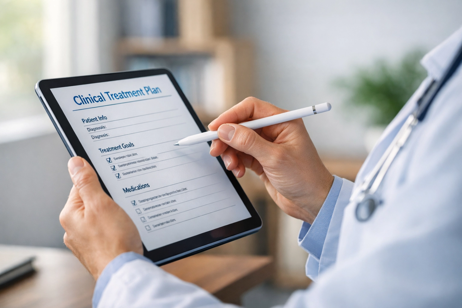 Healthcare provider reviewing a digital treatment plan on a tablet for behavioral health compliance documentation.