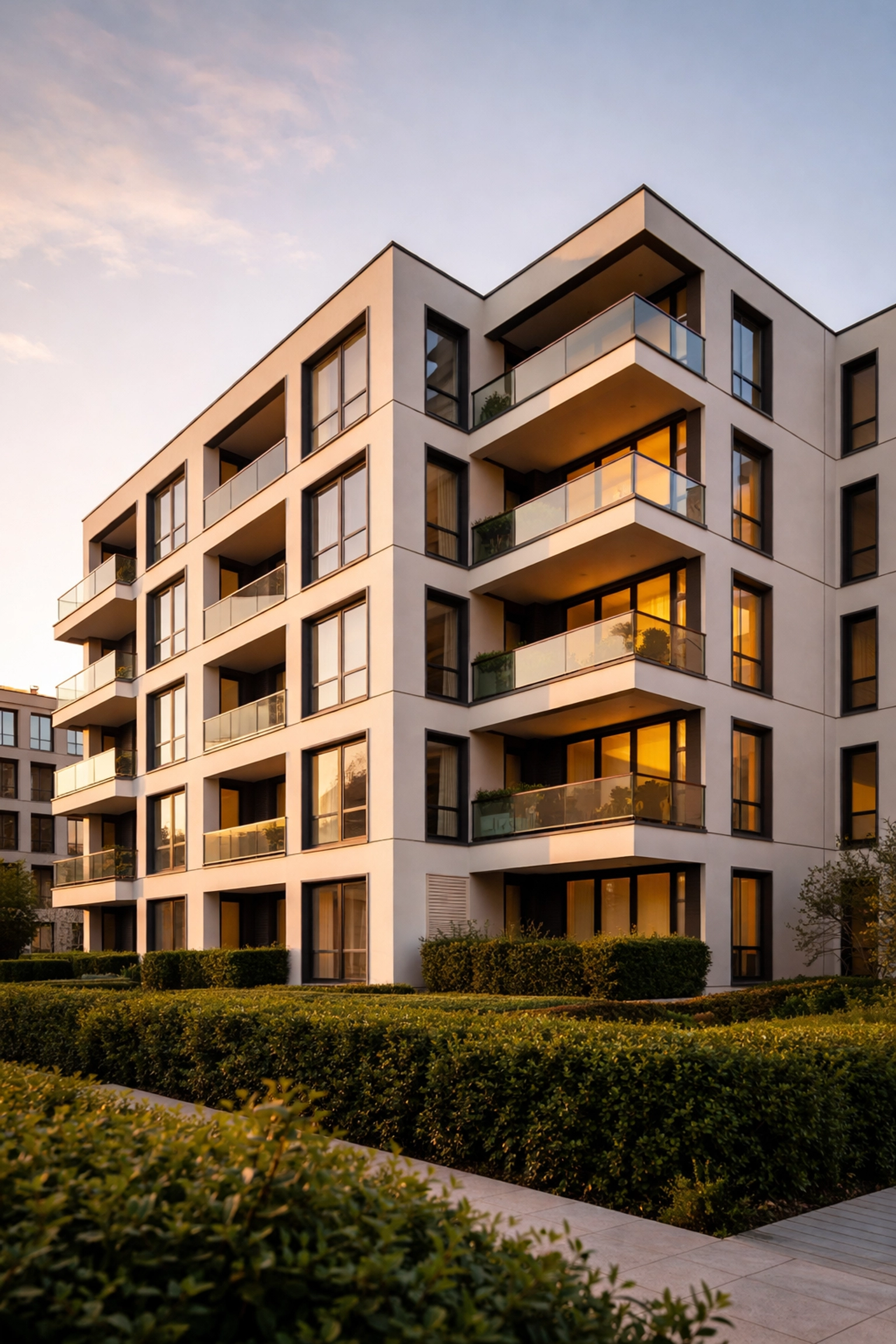 Modern social housing apartment building in London at sunset, illustrating high property standards and asset protection.