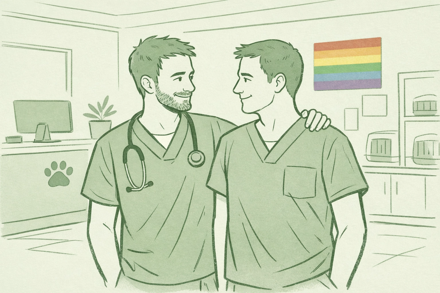 Two male veterinarians at LGBTQ+-owned emergency animal hospital with pride flag
