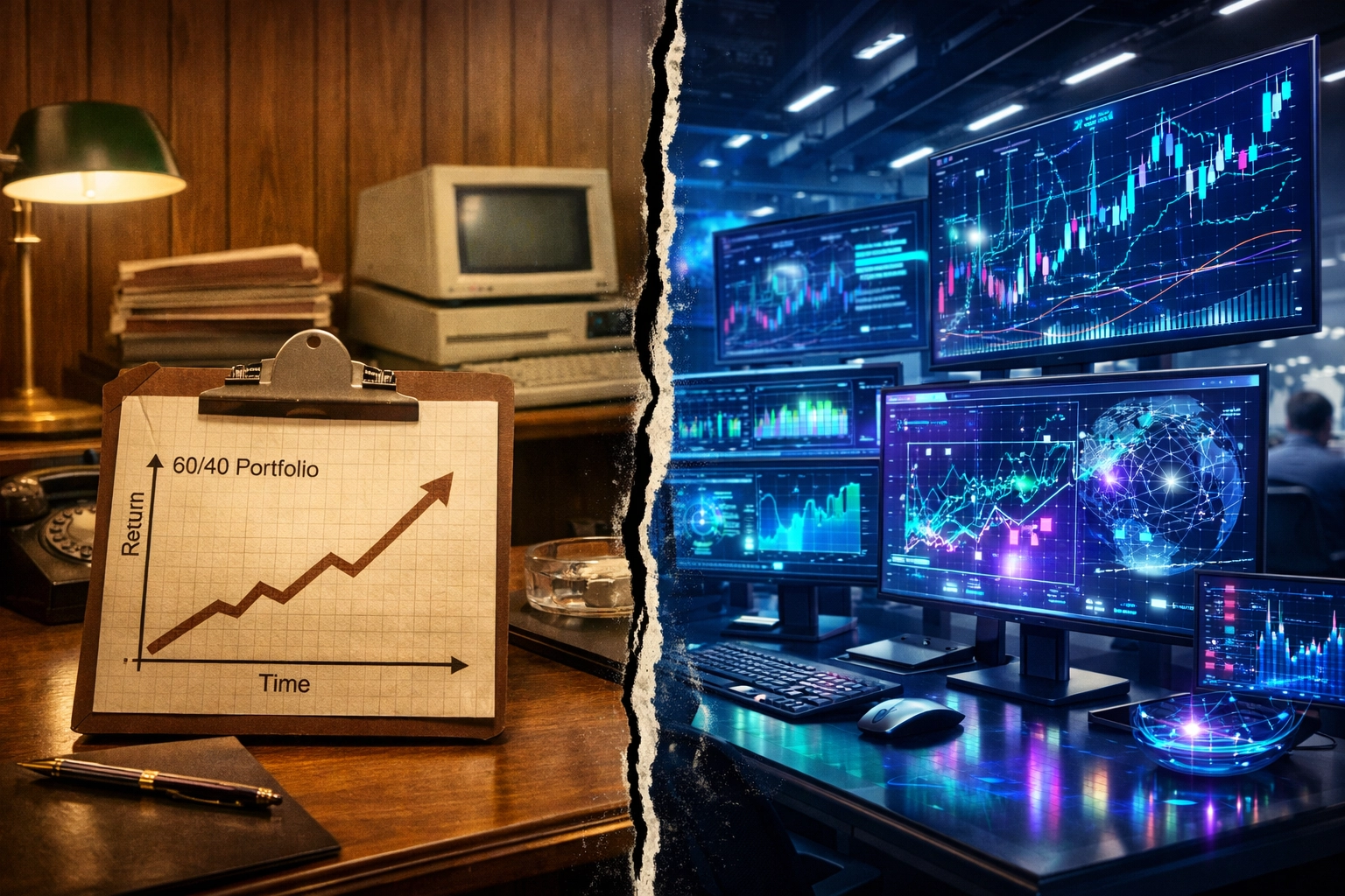 Traditional 60/40 portfolio model compared to modern diversified investment strategies
