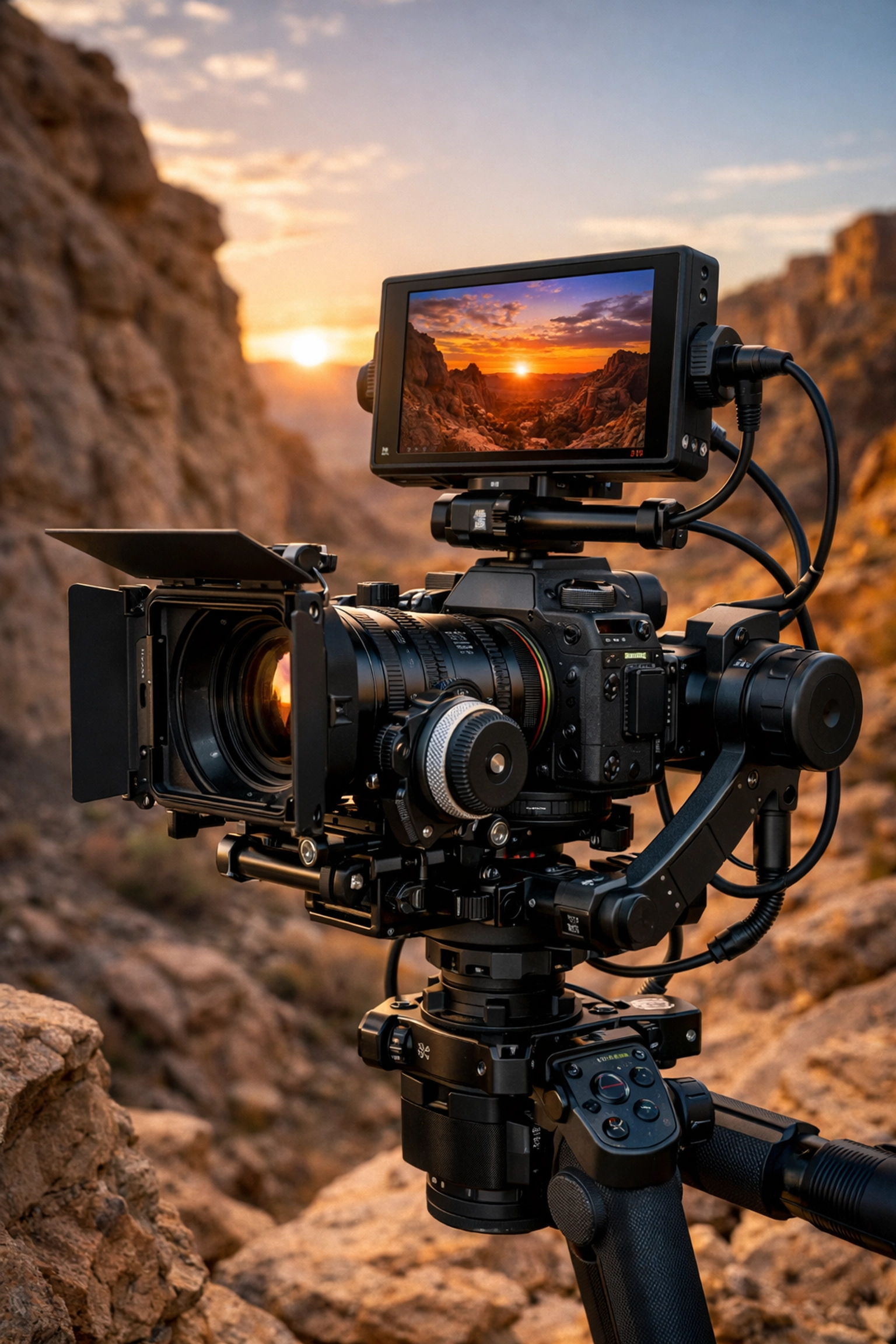 Advanced mirrorless camera video rig on a gimbal for professional cinematography and real estate.