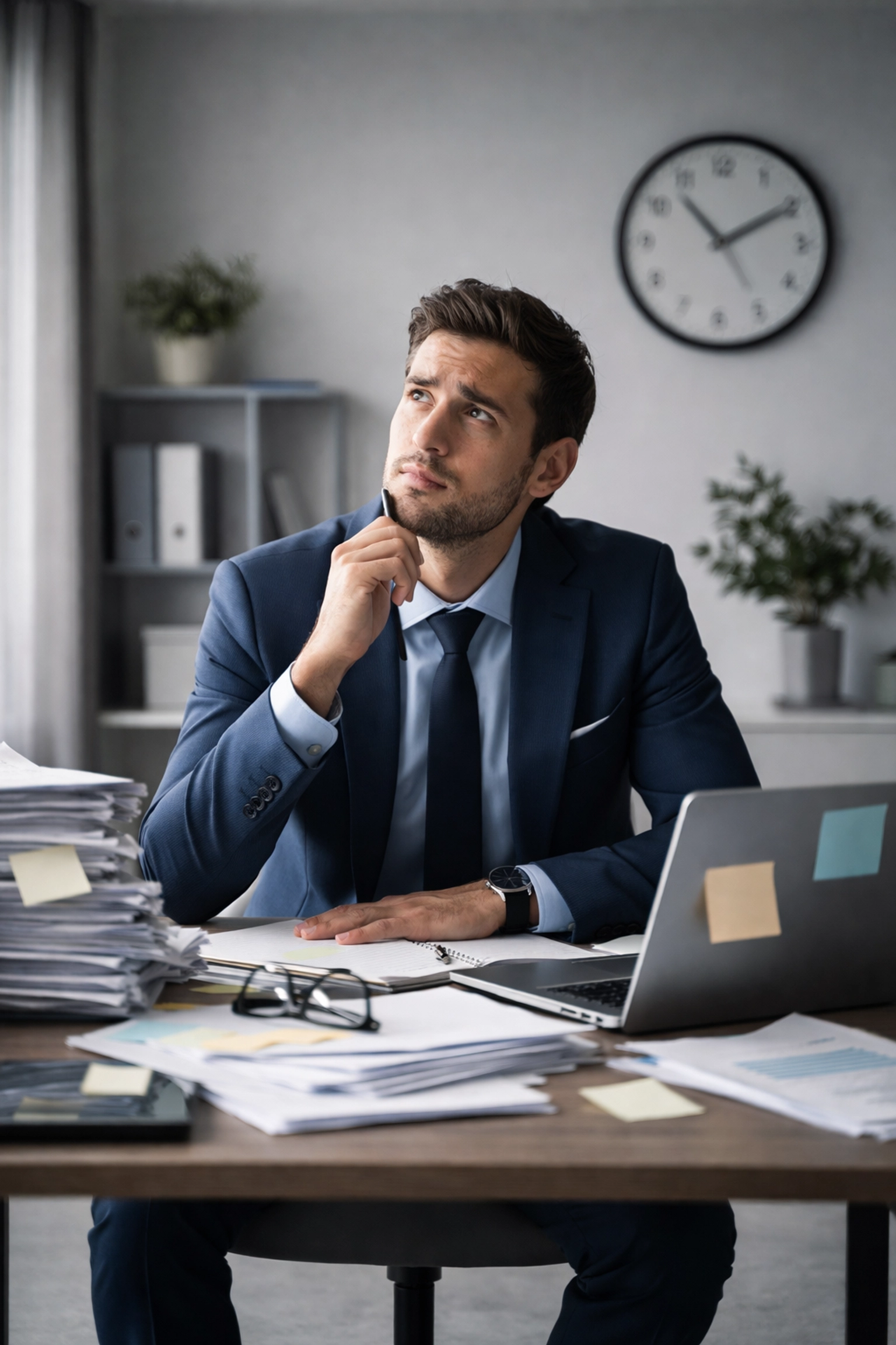 Financial advisor stressed at a cluttered desk, illustrating delegation challenges in RIA firm operations.
