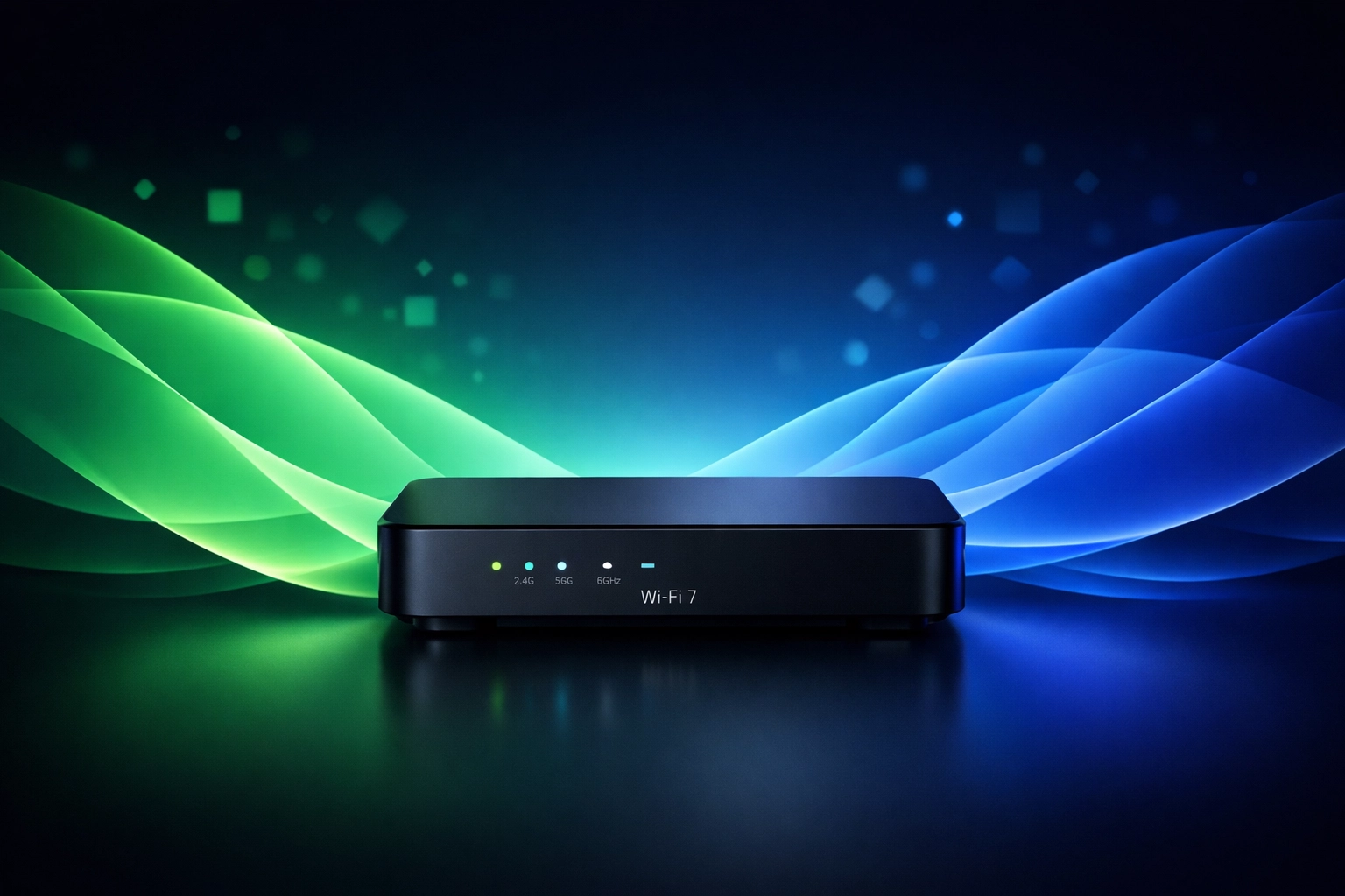 Modern Wi-Fi 7 network hub visualizing low-latency data waves for home AI applications.