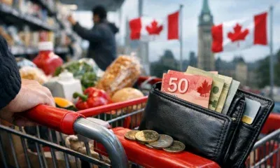 grocery-cart-canadian-wallet-parliament-cost-of-living.webp Grocery cart filled with food; a wallet containing Canadian bills and coins resting on the cart handle.