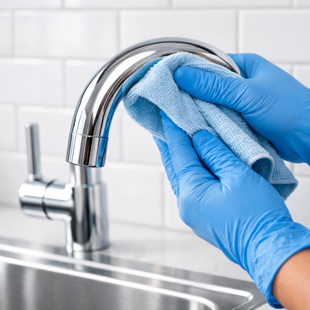 Detail-focused apartment turnover cleaning of kitchen faucet and fixtures by professional cleaner
